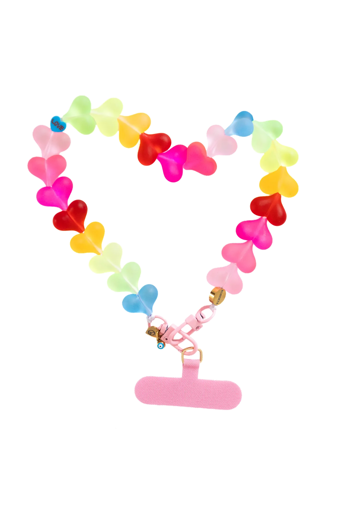 Neon translucent heart phone strap arranged in a heart shape