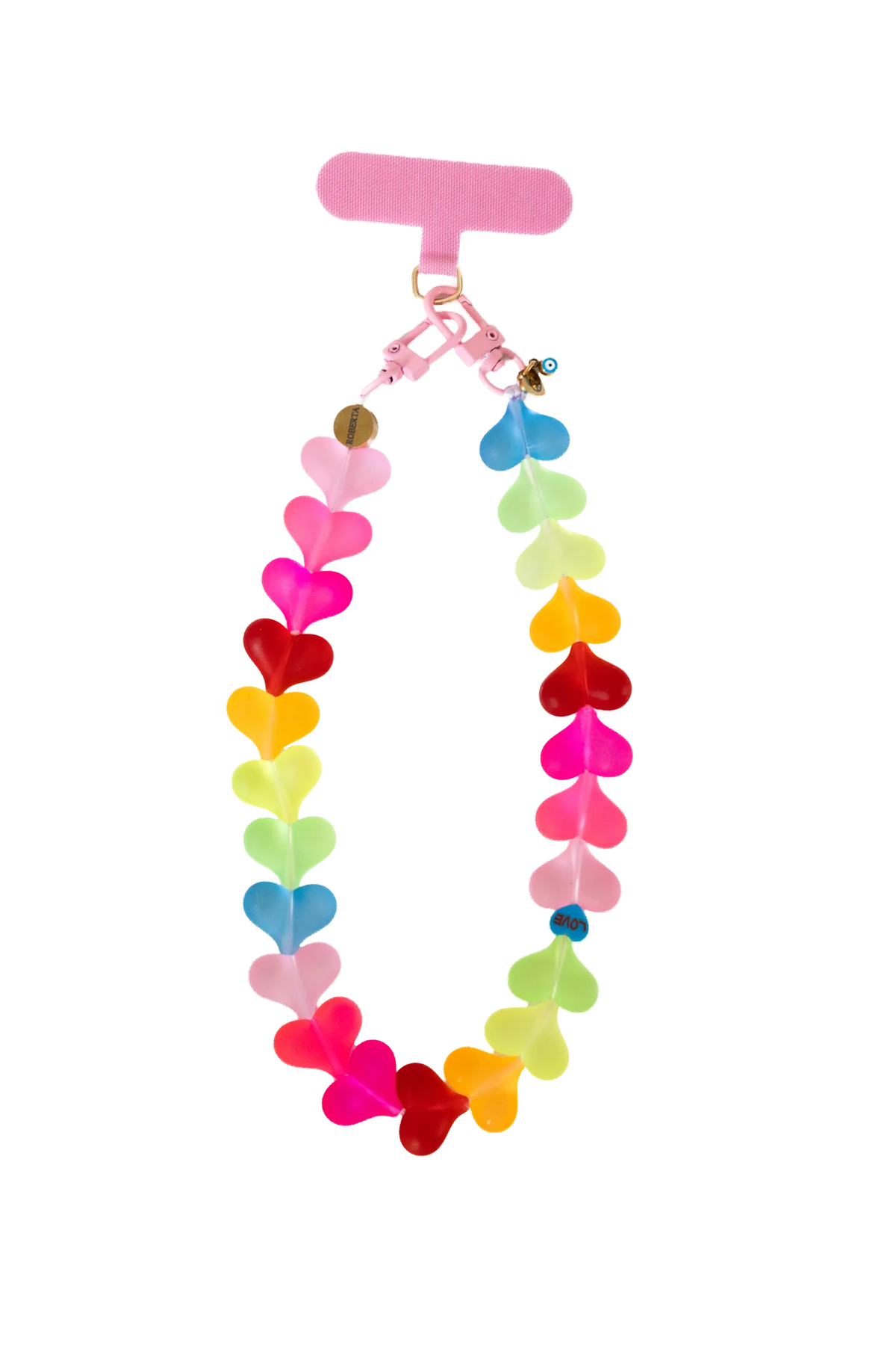Neon translucent heart phone strap with pink tab, full view