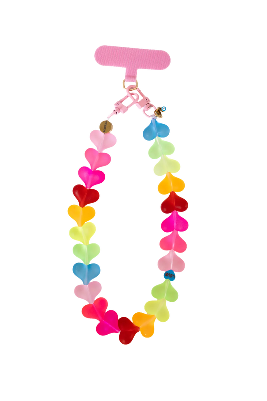 Neon translucent heart phone strap with pink tab, full view