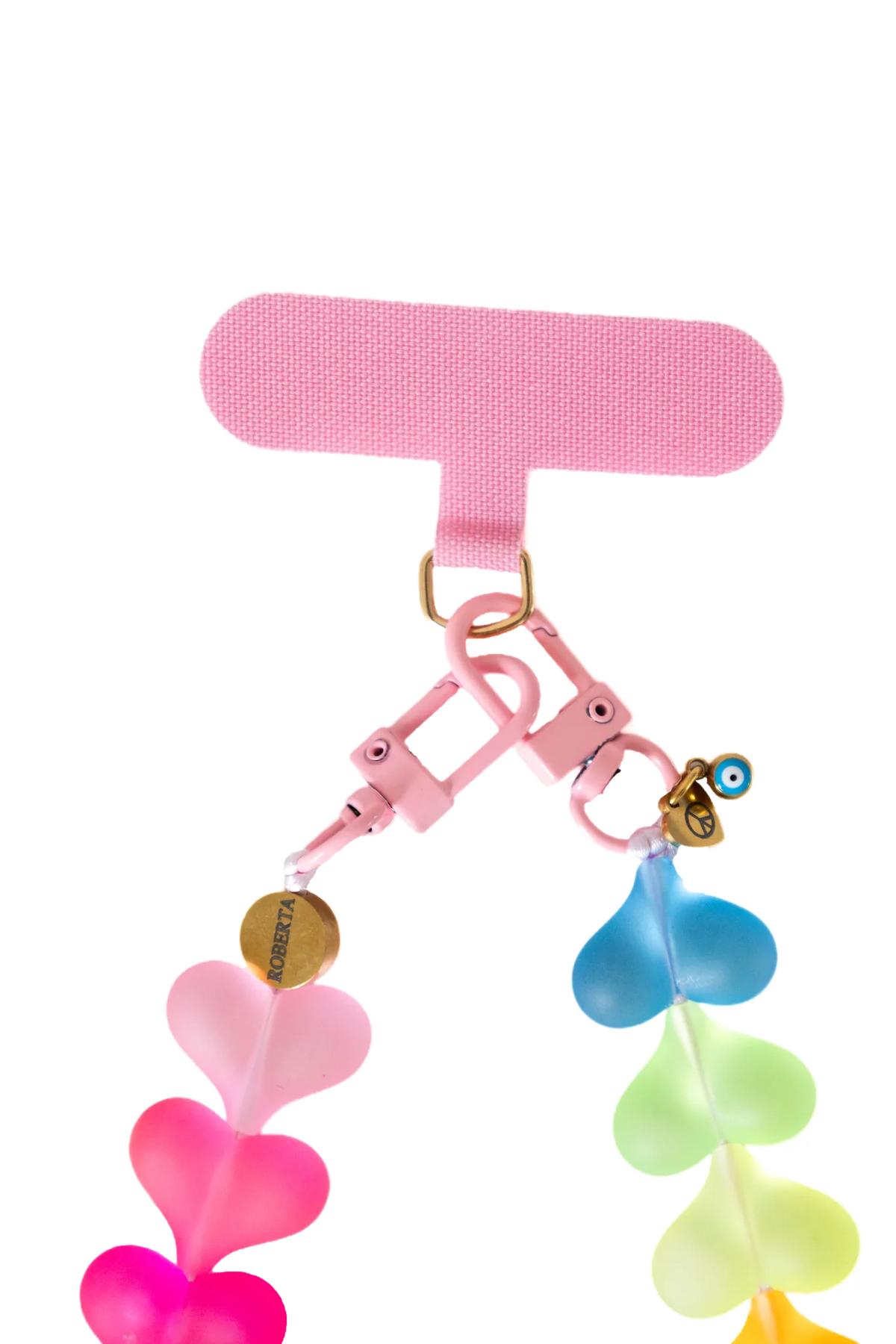 Pink tab, clasp and Roberta signature charms of the neon heart phone strap