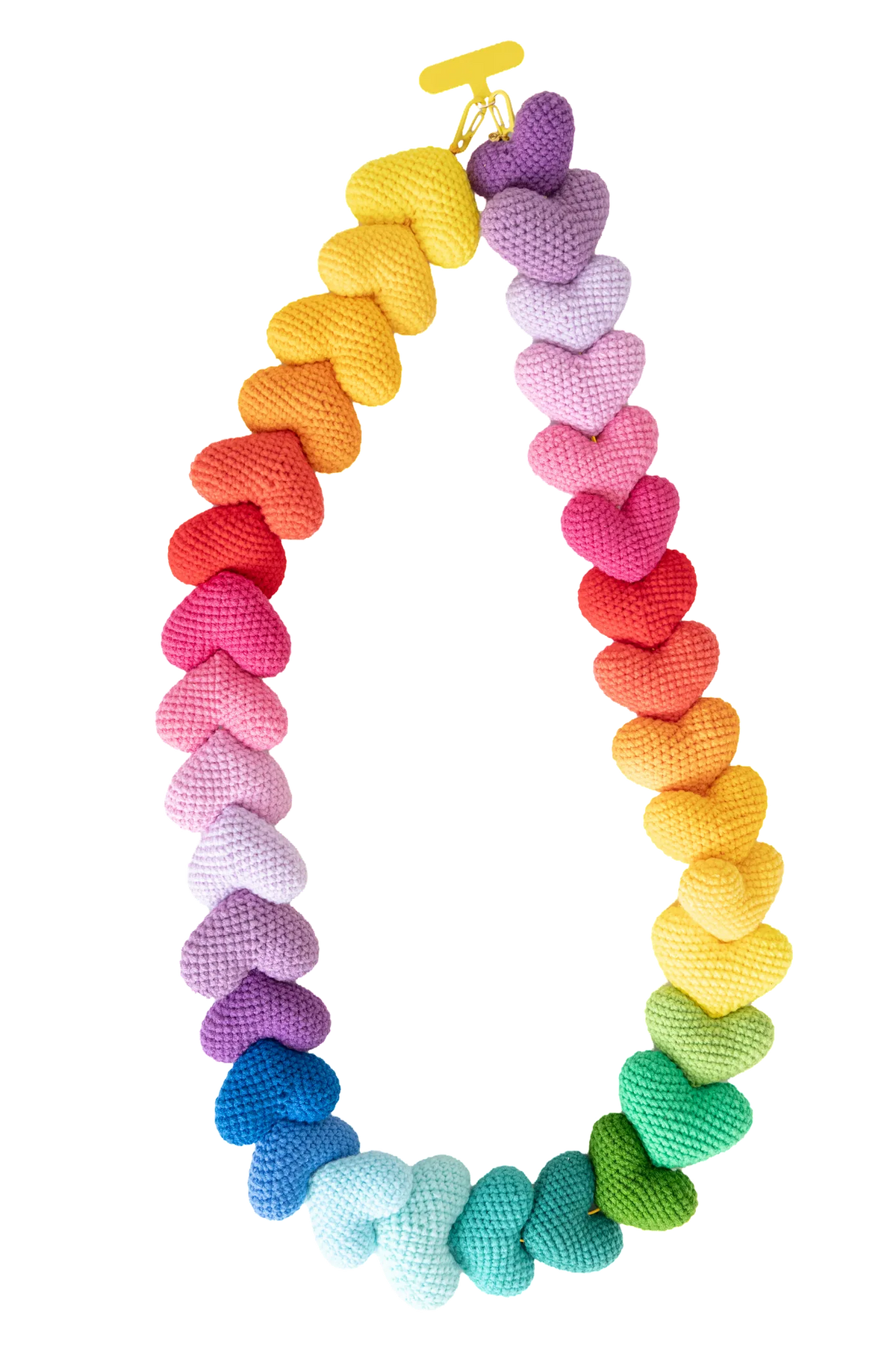 Rainbow crochet heart long phone strap with oversized cotton hearts, full view
