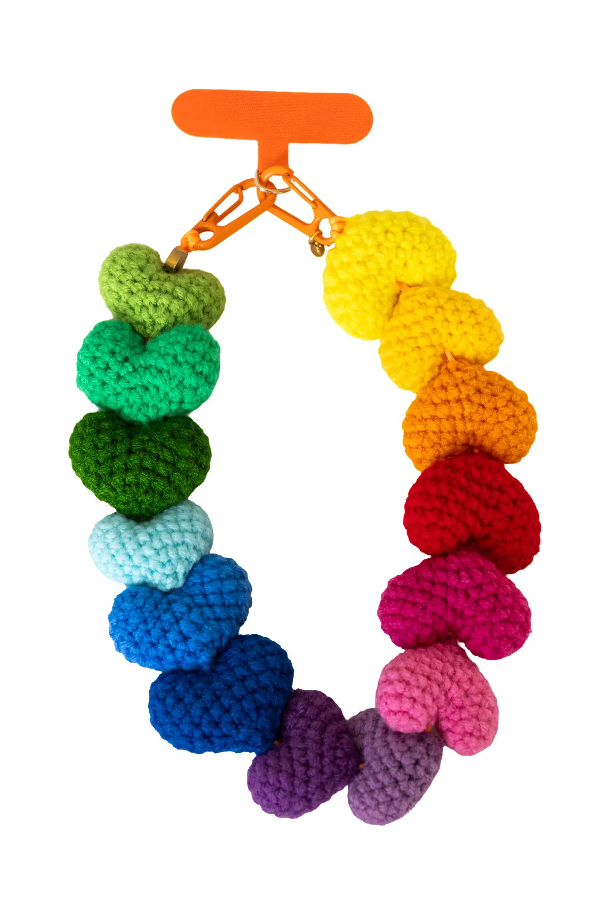Rainbow crochet heart short phone strap with orange tab, full view