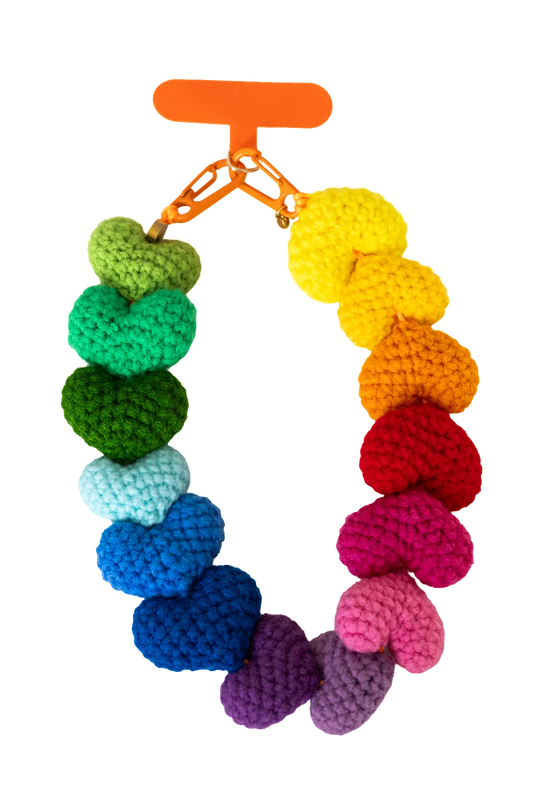 Rainbow crochet heart short phone strap with orange tab, full view