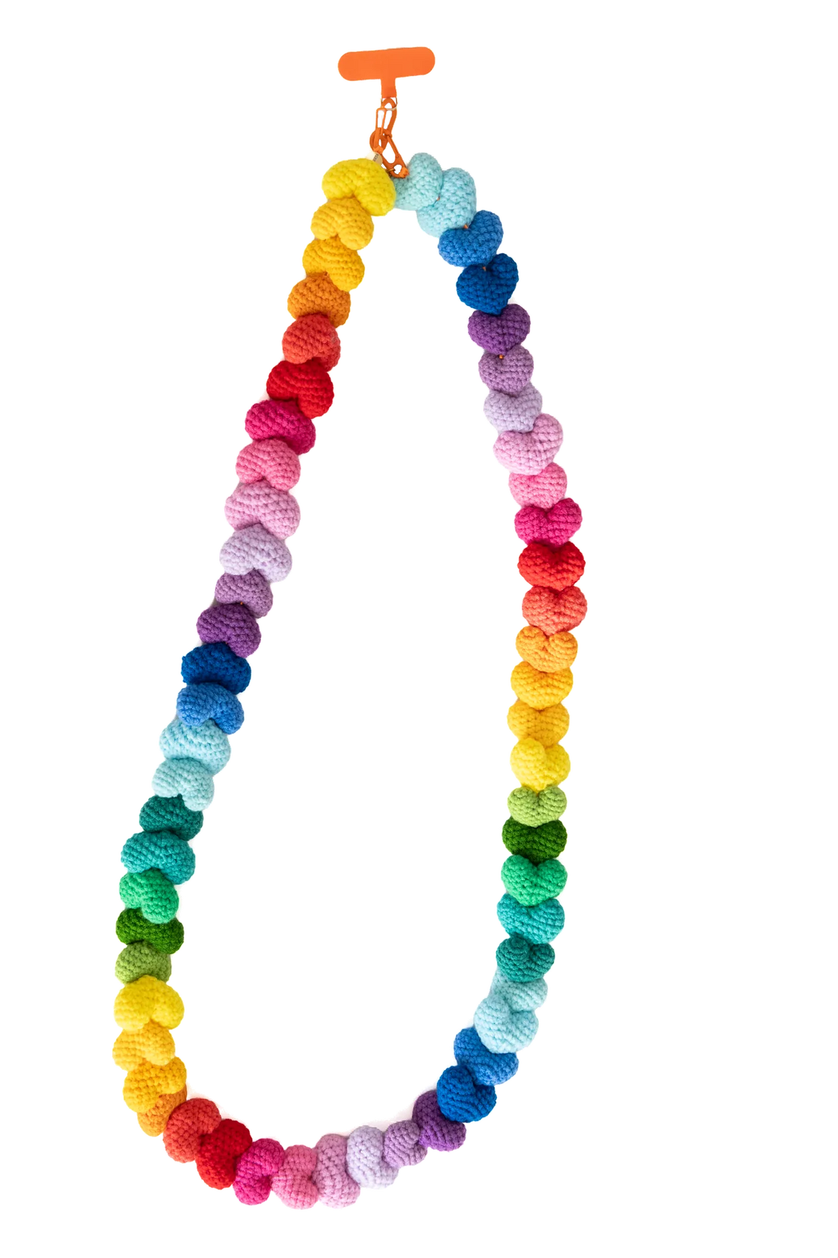 Rainbow mini crochet heart long phone strap, full view