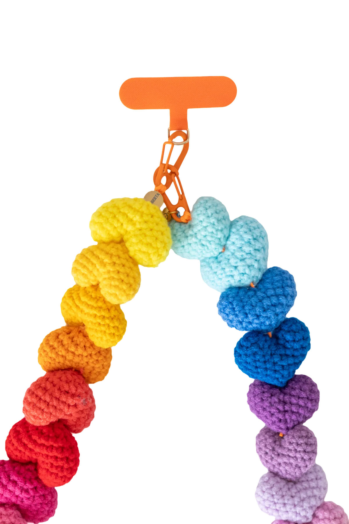Orange tab and clasp of the mini crochet heart long phone strap